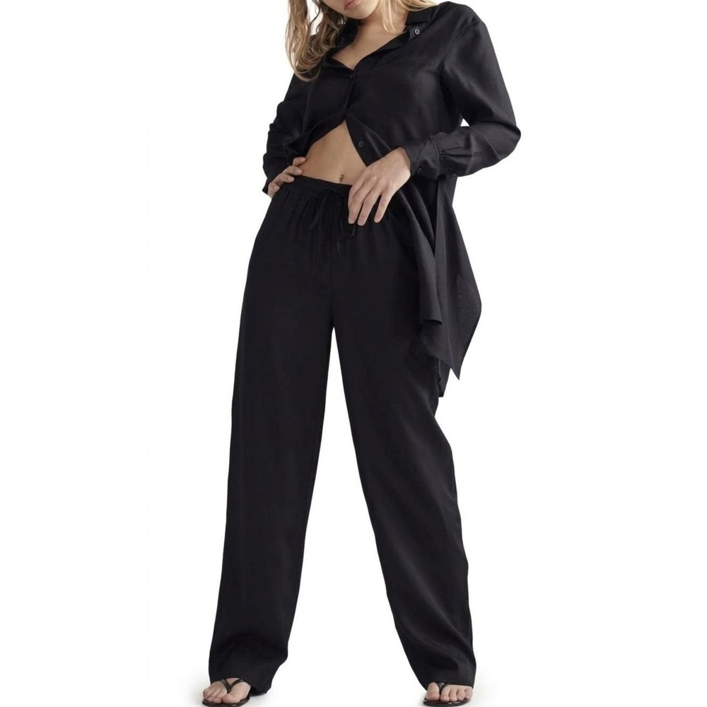 Thakoon Pants Women Small S Black Silk Drawstring Elastic Waist Straight Leg